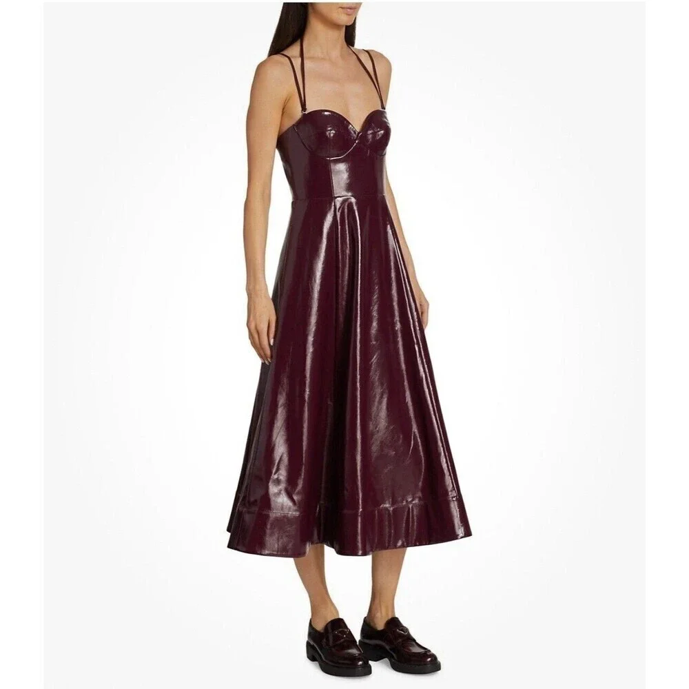 Staud Women Abstract Plum Burgundy Corset Faux Leather Midi Dress